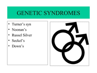 GENETIC SYNDROMES Turner’s syn Noonan’s  Russel Silver Seckel’s Down’s 