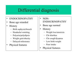 Differential diagnosis ENDOCRINOPATHY Bone age retarded History  Birth asphyxia/breech Headache/vomiting Polyuria/polydipsia Weight gain/obesity Delayed milestones Physical features NON-ENDOCRINOPATHY Bone age normal History  Weight loss/anorexia Chr diarrhea Chr cough/dyspnea Low birth weight Poor intake Physical features 