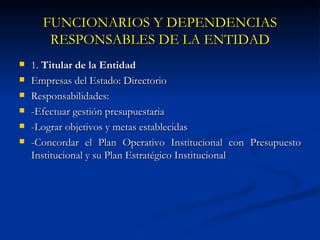 FUNCIONARIOS Y DEPENDENCIAS RESPONSABLES DE LA ENTIDAD 1.  Titular de la Entidad Empresas del Estado: Directorio Responsabilidades: -Efectuar gestión presupuestaria -Lograr objetivos y metas establecidas -Concordar el Plan Operativo Institucional con Presupuesto Institucional y su Plan Estratégico Institucional 