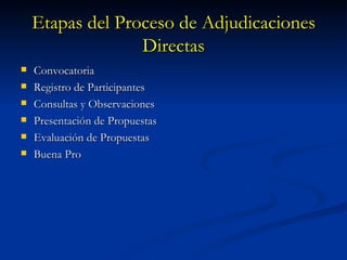 Etapas del Proceso de Adjudicaciones Directas Convocatoria Registro de Participantes Consultas y Observaciones Presentación de Propuestas Evaluación de Propuestas Buena Pro 