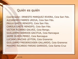 Quién es quién Coordinador: ERNESTO MARQUEZ RIVERA, Ceia San Fdo. ALEJANDRO FABRES URZUA, Ceia San Fdo. PAULA GAETE RENGIFO, Ceia San Fdo. CAROLA GAETE RENGIFO, Ceia San Fdo. VICTOR PIZARRO GALVEZ, Ceia Rengo. GUILLERMO BARRIOS GACITUA, Ceia Rancagua JAIME OLMOS PEREZ, Ceia Rancagua LUCIANO MACIAS LEYTON, Ceia Graneros GUILLERMO FREDERICKSEN GALLARDO, Ceia Graneros MAXIMO RICARDO FARIAS GARRIDO, Ceia Santa Cruz 