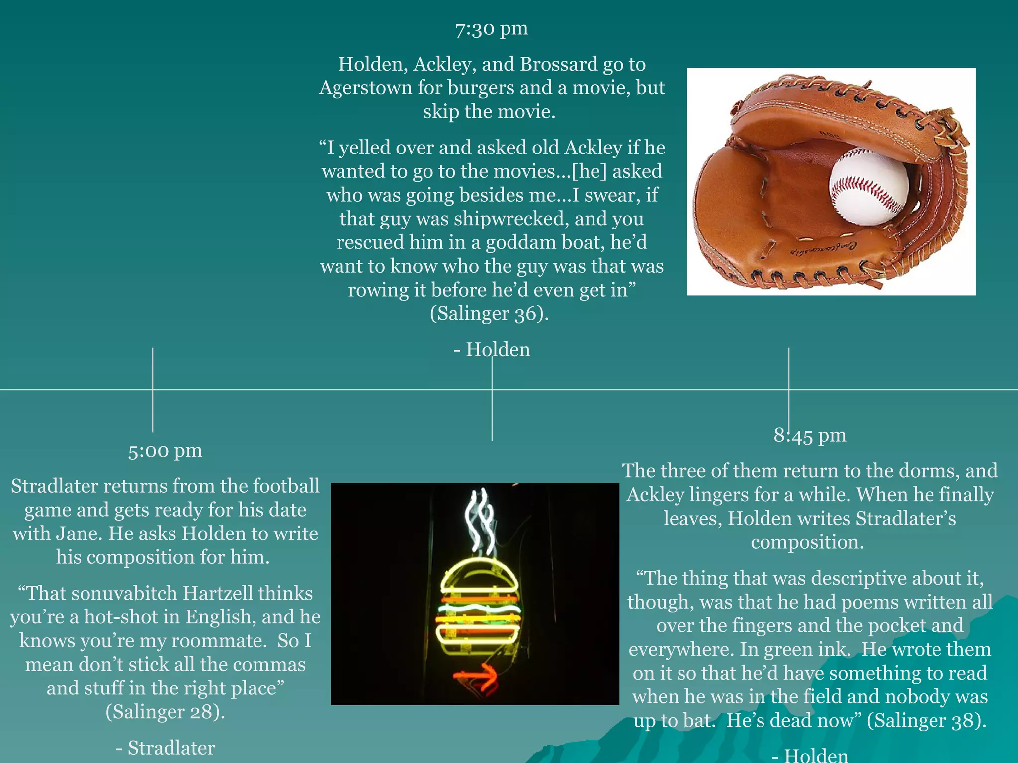 5:00 pm Stradlater returns from the football game and gets ready for his date with Jane. He asks Holden to write his composition for him.  “ That sonuvabitch Hartzell thinks you’re a hot-shot in English, and he knows you’re my roommate.  So I mean don’t stick all the commas and stuff in the right place” (Salinger 28). - Stradlater 7:30 pm Holden, Ackley, and Brossard go to Agerstown for burgers and a movie, but skip the movie.  “ I yelled over and asked old Ackley if he wanted to go to the movies…[he] asked who was going besides me…I swear, if that guy was shipwrecked, and you rescued him in a goddam boat, he’d want to know who the guy was that was rowing it before he’d even get in” (Salinger 36).  - Holden 8:45 pm The three of them return to the dorms, and Ackley lingers for a while. When he finally leaves, Holden writes Stradlater’s composition.  “ The thing that was descriptive about it, though, was that he had poems written all over the fingers and the pocket and everywhere. In green ink.  He wrote them on it so that he’d have something to read when he was in the field and nobody was up to bat.  He’s dead now” (Salinger 38). - Holden 