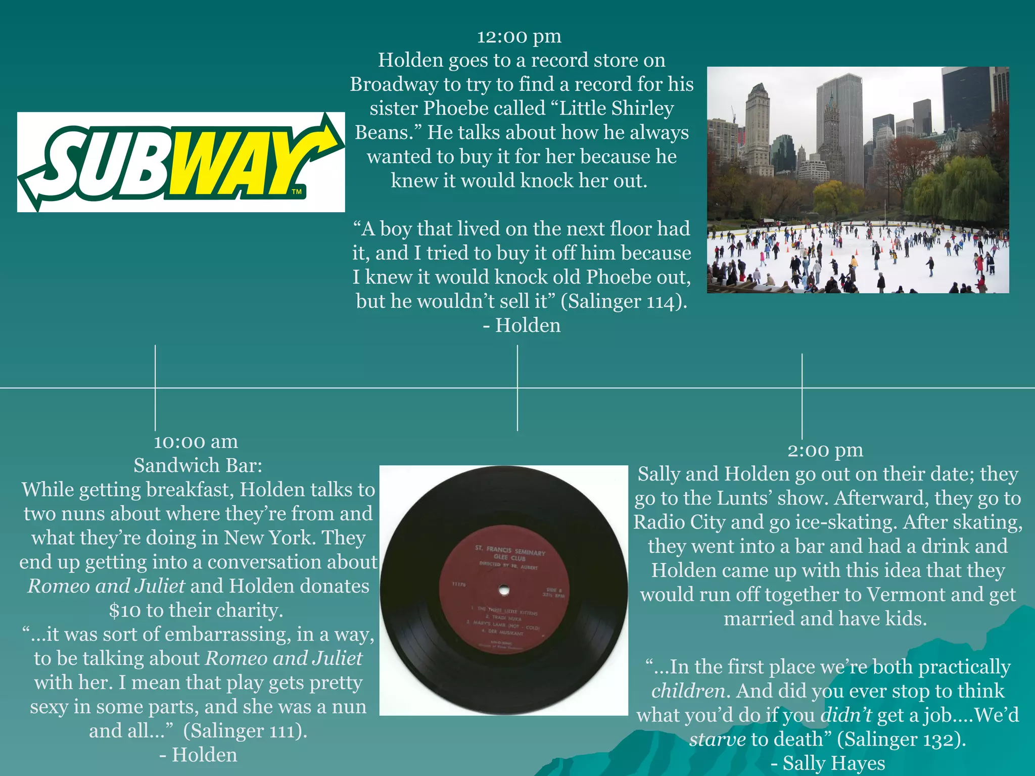 10:00 am  Sandwich Bar: While getting breakfast, Holden talks to two nuns about where they’re from and what they’re doing in New York. They end up getting into a conversation about  Romeo and Juliet  and Holden donates $10 to their charity.  “… it was sort of embarrassing, in a way, to be talking about  Romeo and Juliet  with her. I mean that play gets pretty sexy in some parts, and she was a nun and all…”  (Salinger 111). - Holden 12:00 pm  Holden goes to a record store on Broadway to try to find a record for his sister Phoebe called “Little Shirley Beans.” He talks about how he always wanted to buy it for her because he knew it would knock her out.  “ A boy that lived on the next floor had it, and I tried to buy it off him because I knew it would knock old Phoebe out, but he wouldn’t sell it” (Salinger 114). - Holden 2:00 pm  Sally and Holden go out on their date; they go to the Lunts’ show. Afterward, they go to Radio City and go ice-skating. After skating, they went into a bar and had a drink and Holden came up with this idea that they would run off together to Vermont and get married and have kids.  “… In the first place we’re both practically  children . And did you ever stop to think what you’d do if you  didn’t  get a job….We’d  starve  to death” (Salinger 132). - Sally Hayes 