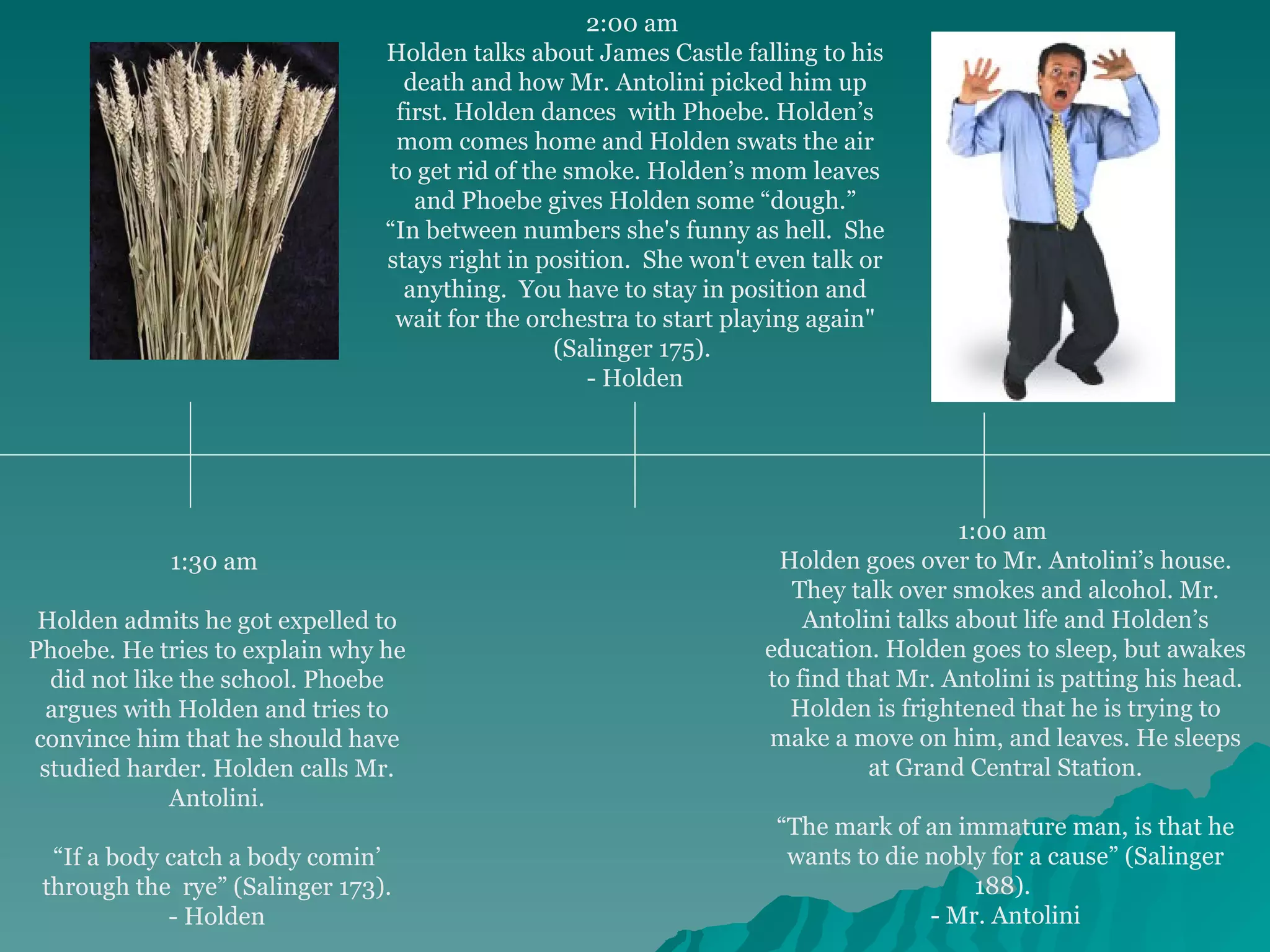 1:30 am  Holden admits he got expelled to Phoebe. He tries to explain why he did not like the school. Phoebe argues with Holden and tries to convince him that he should have studied harder. Holden calls Mr. Antolini. “ If a body catch a body comin’ through the  rye” (Salinger 173). - Holden 2:00 am  Holden talks about James Castle falling to his death and how Mr. Antolini picked him up first. Holden dances  with Phoebe. Holden’s mom comes home and Holden swats the air to get rid of the smoke. Holden’s mom leaves and Phoebe gives Holden some “dough.” “ In between numbers she's funny as hell.  She stays right in position.  She won't even talk or anything.  You have to stay in position and wait for the orchestra to start playing again" (Salinger 175).  - Holden 1:00 am  Holden goes over to Mr. Antolini’s house. They talk over smokes and alcohol. Mr. Antolini talks about life and Holden’s education. Holden goes to sleep, but awakes to find that Mr. Antolini is patting his head. Holden is frightened that he is trying to make a move on him, and leaves. He sleeps at Grand Central Station. “ The mark of an immature man, is that he wants to die nobly for a cause” (Salinger 188).  - Mr. Antolini 