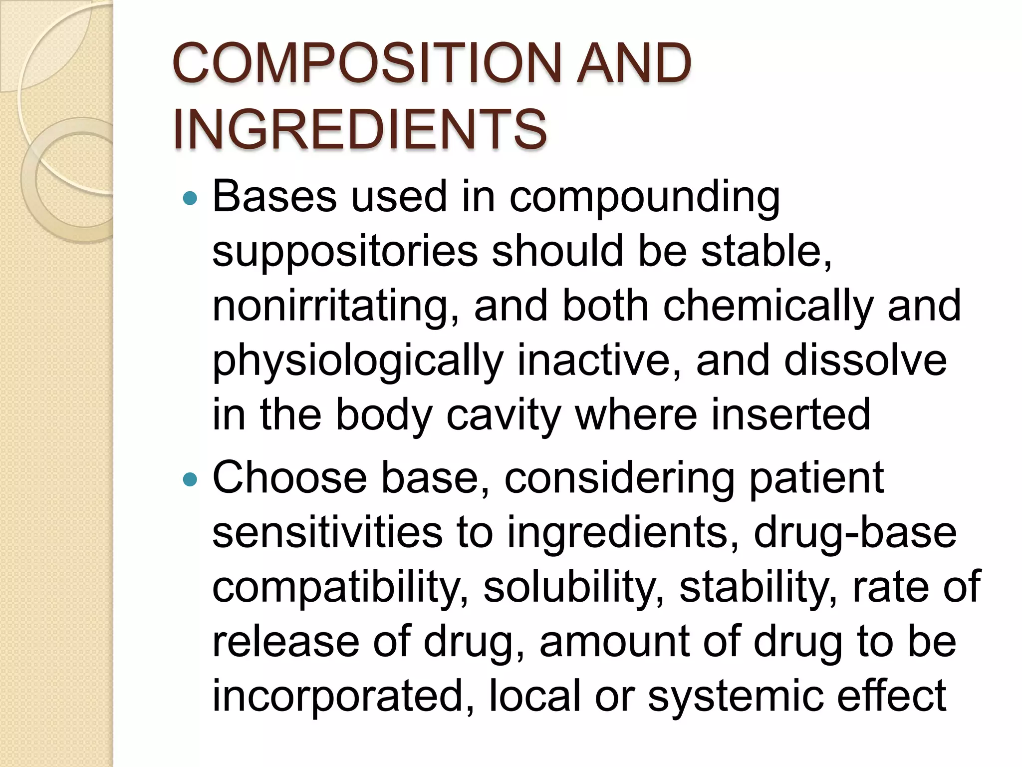 COMPOSITION AND INGREDIENTSBases used in compounding suppositories should be stable, nonirritating, and both chemically and physiologically inactive, and dissolve in the body cavity where insertedChoose base, considering patient sensitivities to ingredients, drug-base compatibility, solubility, stability, rate of release of drug, amount of drug to be incorporated, local or systemic effect
