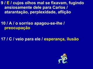 9 /  E  / cujos olhos mal se fixavam, fugindo ansiosamente dele para Carlos / atarantação, perplexidade, aflição 10 / A / o sorriso apagou-se-lhe /  preocupação 17 / C / veio para ele /  esperança, ilusão 