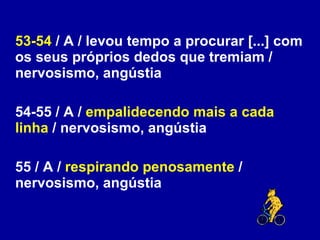 53-54  / A / levou tempo a procurar [...] com os seus próprios dedos que tremiam / nervosismo, angústia 54-55 / A /  empalidecendo mais a cada linha  / nervosismo, angústia 55 / A /  respirando penosamente  / nervosismo, angústia 
