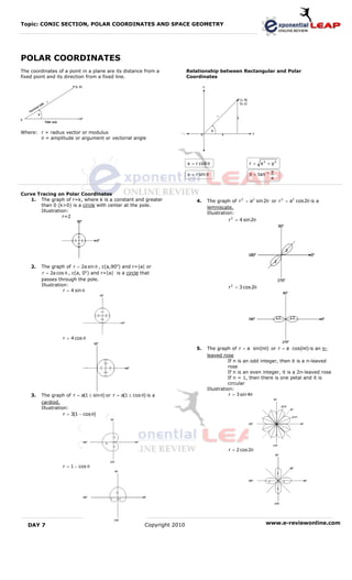 Topic: CONIC SECTION, POLAR COORDINATES AND SPACE GEOMETRY




POLAR COORDINATES
The coordinates of a point in a plane are its distance from a              Relationship between Rectangular and Polar
fixed point and its direction from a fixed line.                           Coordinates




Where: r = radius vector or modulus
       θ = amplitude or argument or vectorial angle




                                                                           x = r cos θ                  r =    x2 + y2
                                                                                                                     y
                                                                           y = r sin θ                  θ = tan −1
                                                                                                                     x


Curve Tracing on Polar Coordinates
   1. The graph of r=k, where k is a constant and greater                      4.    The graph of r 2 = a2 sin 2θ or r 2 = a2 cos 2θ is a
       than 0 (k>0) is a circle with center at the pole.                             lemniscate.
       Illustration:                                                                 Illustration:
                 r=2
                                                                                                r 2 = 4 sin 2θ




    2.   The graph of r = 2a sin θ , c(a,90o) and r=|a| or
         r = 2a cos θ , c(a, 0o) and r=|a| is a circle that
         passes through the pole.
         Illustration:
                                                                                              r 2 = 3 cos 2θ
                    r = 4 sin θ




                   r = 4 cos θ

                                                                               5.    The graph of r = a sin(nθ) or r = a cos(nθ) is an n-
                                                                                     leaved rose
                                                                                               If n is an odd integer, then it is a n-leaved
                                                                                               rose
                                                                                               If n is an even integer, it is a 2n-leaved rose
                                                                                               If n = 1, then there is one petal and it is
                                                                                               circular
                                                                                     Illustration:
    3.   The graph of r = a(1 ± sin θ) or r = a(1 ± cos θ) is a                                 r = 3 sin 4θ
         cardiod.
         Illustration:
                    r = 3(1 − cos θ)




                                                                                              r = 2 cos 2θ


                   r = 1 − cos θ




   DAY 7                                                  Copyright 2010                                         www.e-reviewonline.com
 