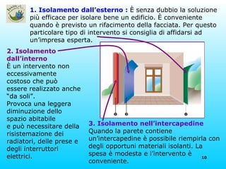 3. Isolamento nell’intercapedine Quando la parete contiene un’intercapedine è possibile riempirla con degli opportuni materiali isolanti. La spesa è modesta e l’intervento è conveniente. 2. Isolamento dall’interno È un intervento non eccessivamente costoso che può essere realizzato anche “da soli”. Provoca una leggera diminuzione dello spazio abitabile e può necessitare della risistemazione dei radiatori, delle prese e degli interruttori elettrici. 1. Isolamento dall’esterno :   È senza dubbio la soluzione più efficace per isolare bene un edificio. È conveniente quando è previsto un rifacimento della facciata. Per questo particolare tipo di intervento si consiglia di affidarsi ad un’impresa esperta. 
