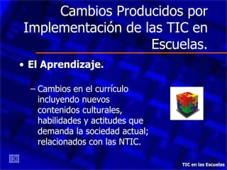 Cambios Producidos por Implementación de las TIC en Escuelas. El Aprendizaje. Cambios en el currículo incluyendo nuevos contenidos culturales, habilidades y actitudes que demanda la sociedad actual; relacionados con las NTIC. TIC en las Escuelas 