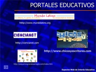 PORTALES EDUCATIVOS htttp://www.mundolatino.org htttp://ciencianet.com http://www.chicosyescritores.com http://pequenosgrandesamigos.com/index.htm Espacios Web de Interés Educativo 