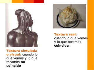 Textura real:  cuando lo que vemos y lo que tocamos  coincide   Textura simulada o visual:  cuando lo que vemos y lo que tocamos  no coincide   