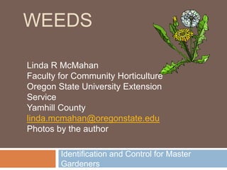 WEEDS

Linda R McMahan
Faculty for Community Horticulture
Oregon State University Extension
Service
Yamhill County
linda.mcmahan@oregonstate.edu
Photos by the author

        Identification and Control for Master
        Gardeners
 