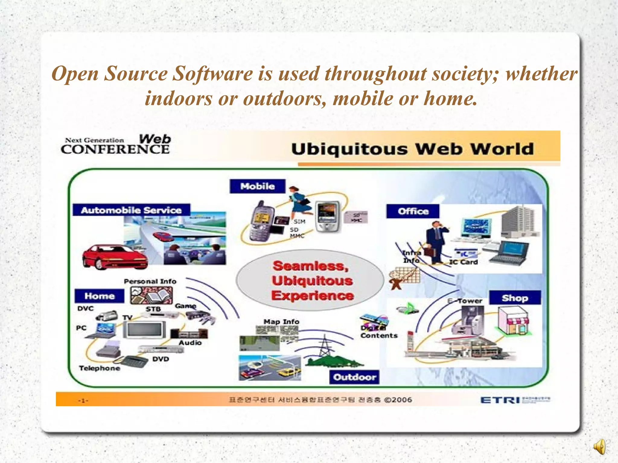 Open Source Software is used throughout society; whether
indoors or outdoors, mobile or home.
 