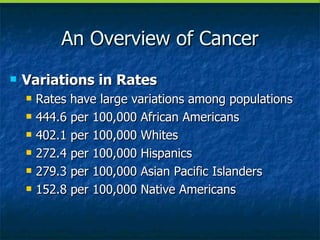 An Overview of Cancer Variations in Rates Rates have large variations among populations 444.6 per 100,000 African Americans 402.1 per 100,000 Whites 272.4 per 100,000 Hispanics 279.3 per 100,000 Asian Pacific Islanders 152.8 per 100,000 Native Americans 