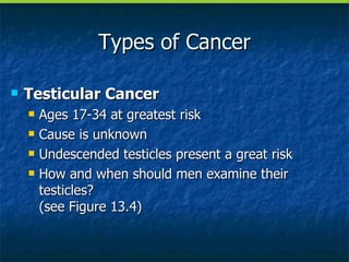 Types of Cancer Testicular Cancer Ages 17-34 at greatest risk Cause is unknown Undescended testicles present a great risk How and when should men examine their testicles? (see Figure 13.4) 
