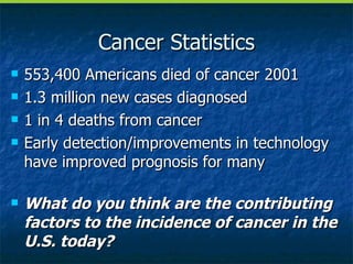 Cancer Statistics 553,400 Americans died of cancer 2001 1.3 million new cases diagnosed 1 in 4 deaths from cancer Early detection/improvements in technology have improved prognosis for many What do you think are the contributing factors to the incidence of cancer in the U.S. today? 