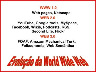 WWW 1.0 Web pages, Netscape WEB 2.0   YouTube, Google tools, MySpace,  Facebook, Wikis, Podcasts, RSS,  Second Life, Flickr WEB 3.0   FOAF, Amazon Mechanical Turk,  Folksonomia, Web Semántica   Evolução da World Wide Web 