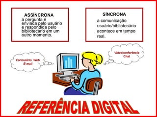 ASSÍNCRONA a pergunta é enviada pelo usuário e respondida pelo bibliotecário em um outro momento.   REFERÊNCIA DIGITAL SÍNCRONA a comunicação usuário/bibliotecário acontece em tempo real.   Formulário  Web E-mail Videoconferência Chat 