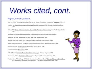 Diagrams, books cited, continued… Kay, A. (1996). “Revealing the elephant: The use and misuse of computers in education.” Sequence , 31 (4), 1-2. Lambert, Joe.  Digital Storytelling Cookbook and Traveling Companion . 3 ed. Berkeley: Digital Diner Press, 2003. McKee, John.  Story- Substance, Structure, Style and the Principles of Screenwriting . New York: HarperCollins, 1997. McLuhan, M. (1964).  Understanding media: The extensions of man .  New York: McGraw-Hill. MomaDay, N. Scott.  House Made of Dawn . New York: HarperCollins, 1969. Nueroff, Laura Joffe.  If You Give a Mouse a Cookie:  New York: Laura Geringer, 1985. Porter, Bernajean.  Digitales: The Art of Telling Digital Stories . Sedalia: Porter Publications, 2004. Simmons, Annette.  The Story Factor . Cambridge: Perseus Books, 1997. Tarantino, Quentin.  Pulp Fiction . 1994. Telford, Kenneth.  Aristotle Poetics, Translation and Analysis . Chicago: Regenery, 1970. Theodosakis, Nikos.  Director in the Classroom . San Diego: Tech4Learning Publishing, 2001.  Toelken, Barre. "The Icebergs of Folktale: Misconception, Misuse, Abuse."  Who Says? Essays on Pivotal Issues in Contemporary Storytelling . Ed. Carol Birch. Little Rock: August House, 1996. 35-63. Works cited, cont. 