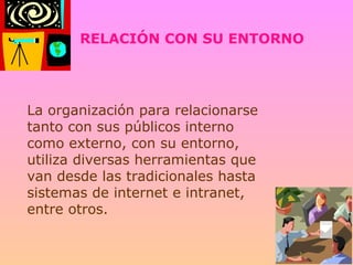 RELACIÓN CON SU ENTORNO La organización para relacionarse tanto con sus públicos interno como externo, con su entorno, utiliza diversas herramientas que van desde las tradicionales hasta sistemas de internet e intranet, entre otros. 