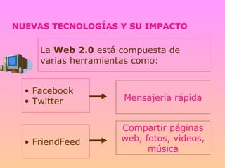 NUEVAS TECNOLOGÍAS Y SU IMPACTO La  Web   2.0  está compuesta de varias herramientas como: Facebook Twitter Mensajería rápida FriendFeed Compartir páginas web, fotos, videos, música 