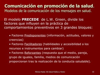 Comunicación en promoción de la salud .  Modelos de la comunicación de los mensajes en salud. El modelo  PRECEDE ,  de L.W. Green, divide los factores que influyen en la práctica de comportamientos preventivos en 3 grandes bloques:   Factores  Predisponentes  (información, actitudes, valores y creencias) Factores  Facilitadores  (habilidades y accesibilidad a los recursos e instrumentos para cambiar) Factores  Reforzantes  (respuesta que el medio, pareja, grupo de iguales, familia, medios de comunicación proporcionan tras la realización de la conducta saludable).   
