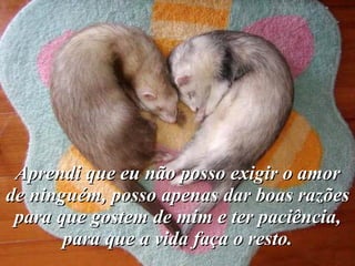 Aprendi que eu não posso exigir o amor de ninguém, posso apenas dar boas razões para que gostem de mim e ter paciência, para que a vida faça o resto. 