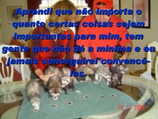 Aprendi que não importa o quanto certas coisas sejam importantes para mim, tem gente que não dá a mínima e eu jamais conseguirei convencê-las. 