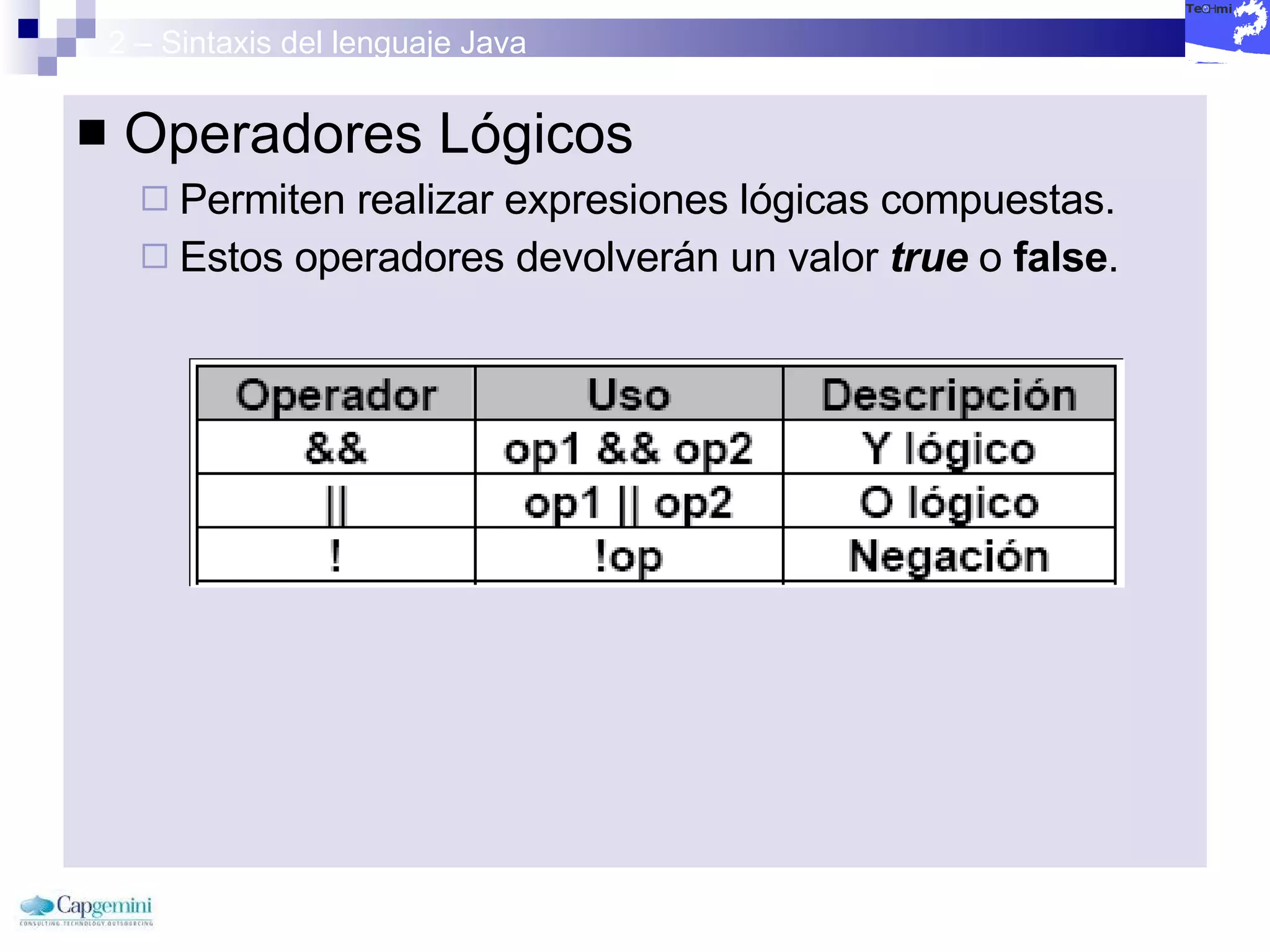 2 – Sintaxis del lenguaje Java Operadores Lógicos Permiten realizar expresiones lógicas compuestas.  Estos operadores devolverán un valor  true  o  false . 