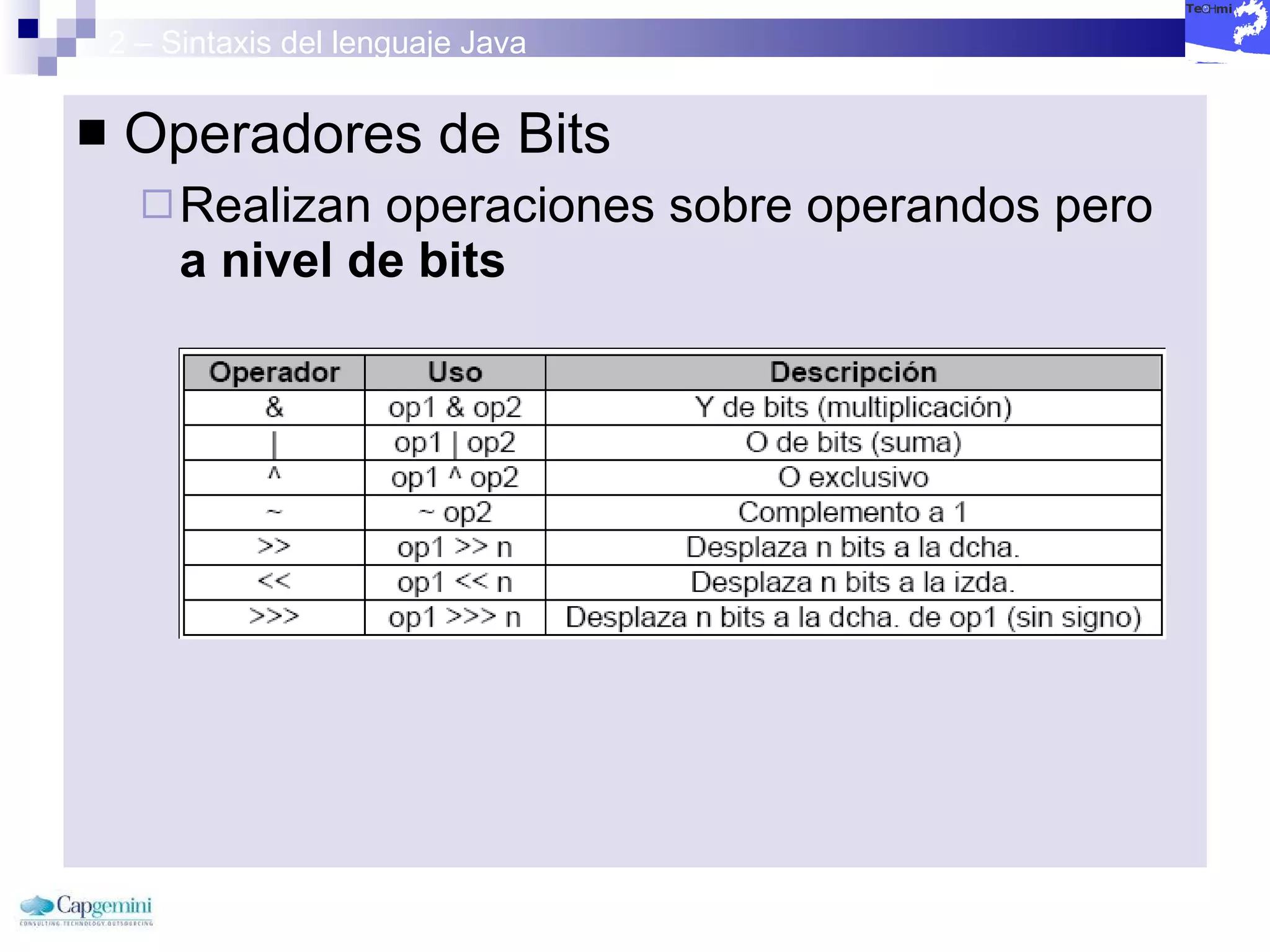 2 – Sintaxis del lenguaje Java Operadores de Bits Realizan operaciones sobre operandos pero  a nivel de bits 
