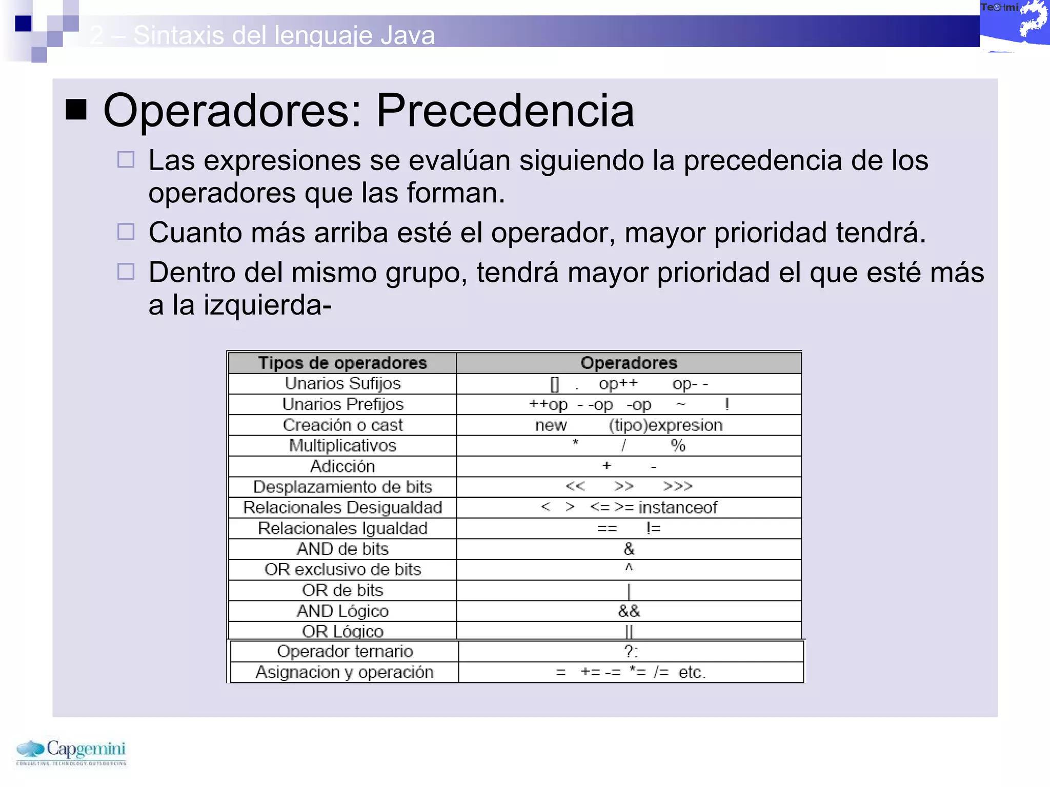 2 – Sintaxis del lenguaje Java Operadores: Precedencia Las expresiones se evalúan siguiendo la precedencia de los operadores que las forman.  Cuanto más arriba esté el operador, mayor prioridad tendrá.  Dentro del mismo grupo, tendrá mayor prioridad el que esté más a la izquierda- 