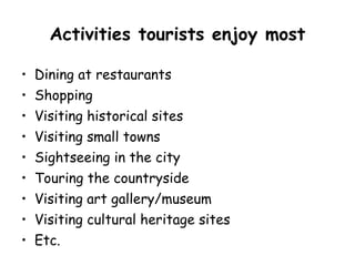 Activities tourists enjoy most Dining at restaurants Shopping Visiting historical sites Visiting small towns Sightseeing in the city Touring the countryside Visiting art gallery/museum Visiting cultural heritage sites Etc. 