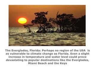 The Everglades, Florida:  Perhaps no region of the USA  is as vulnerable to climate change as Florida .  Even a slight increase in temperature and water level could prove devastating to popular destinations like the Everglades, Miami Beach and the Keys 