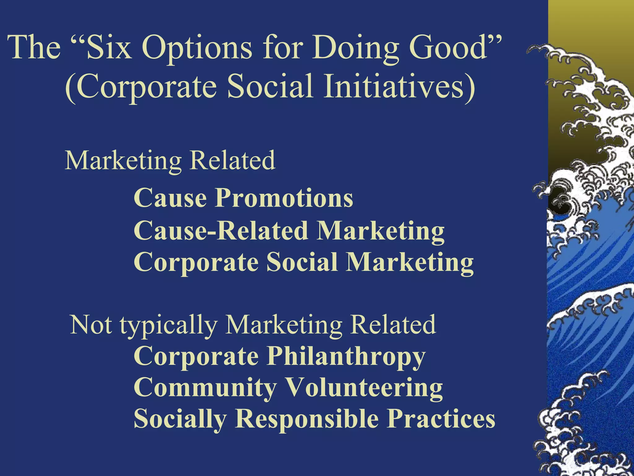 The “Six Options for Doing Good” (Corporate Social Initiatives) Marketing Related Cause Promotions Cause-Related Marketing Corporate Social Marketing Not typically Marketing Related Corporate Philanthropy Community Volunteering Socially Responsible Practices 