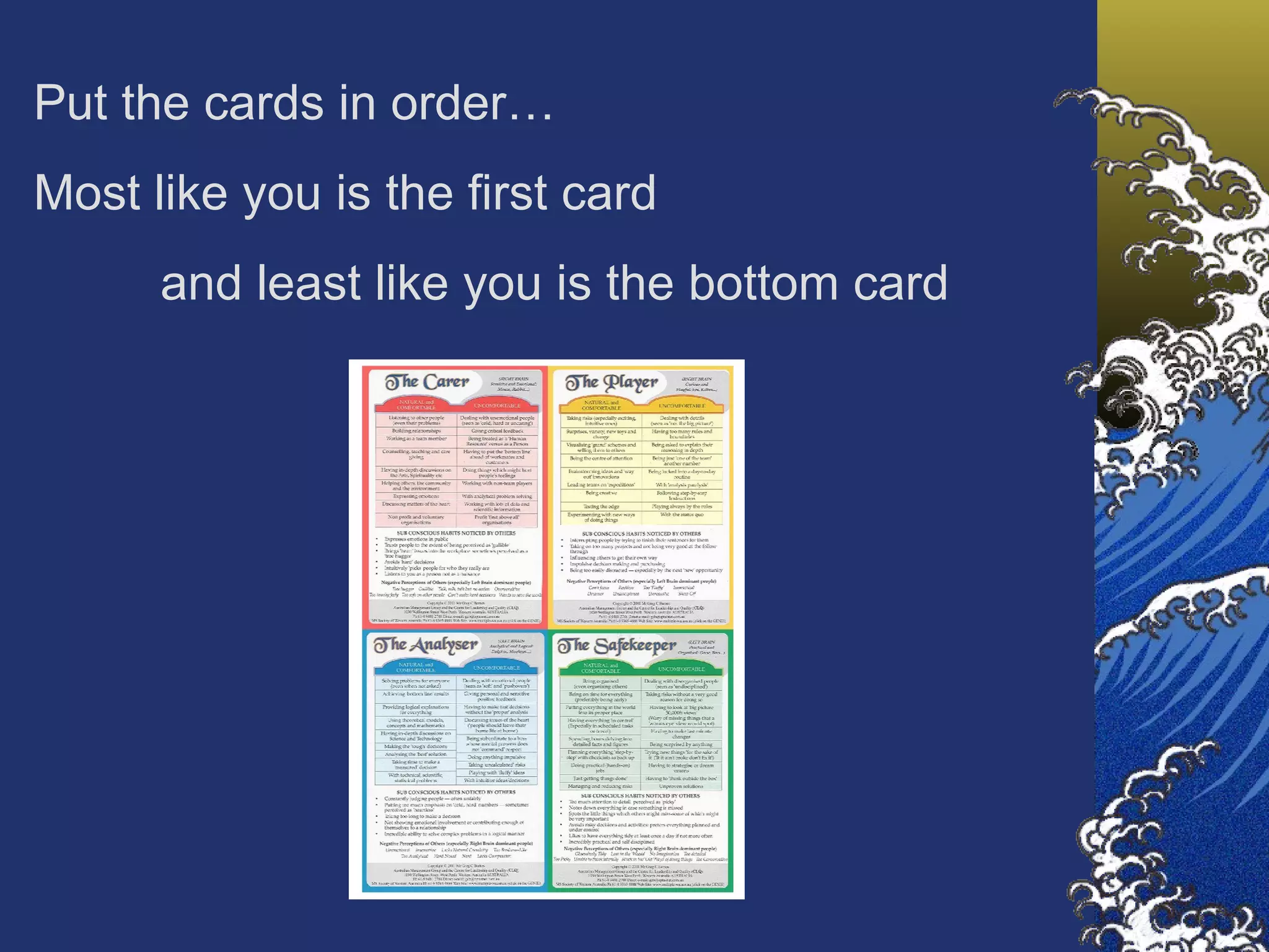 Put the cards in order… Most like you is the first card and least like you is the bottom card 