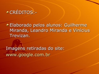 CRÉDITOS:-  Elaborado pelos alunos: Guilherme Miranda, Leandro Miranda e Vinícius Trevizan. Imagens retiradas do site: www.google.com.br 