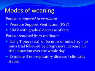 Confirmation of tube position by x ray, capnography.Setting up of Ventilatory parameters      Mode  of ventilation Volume cycled  Pressure cycled   Time cycled