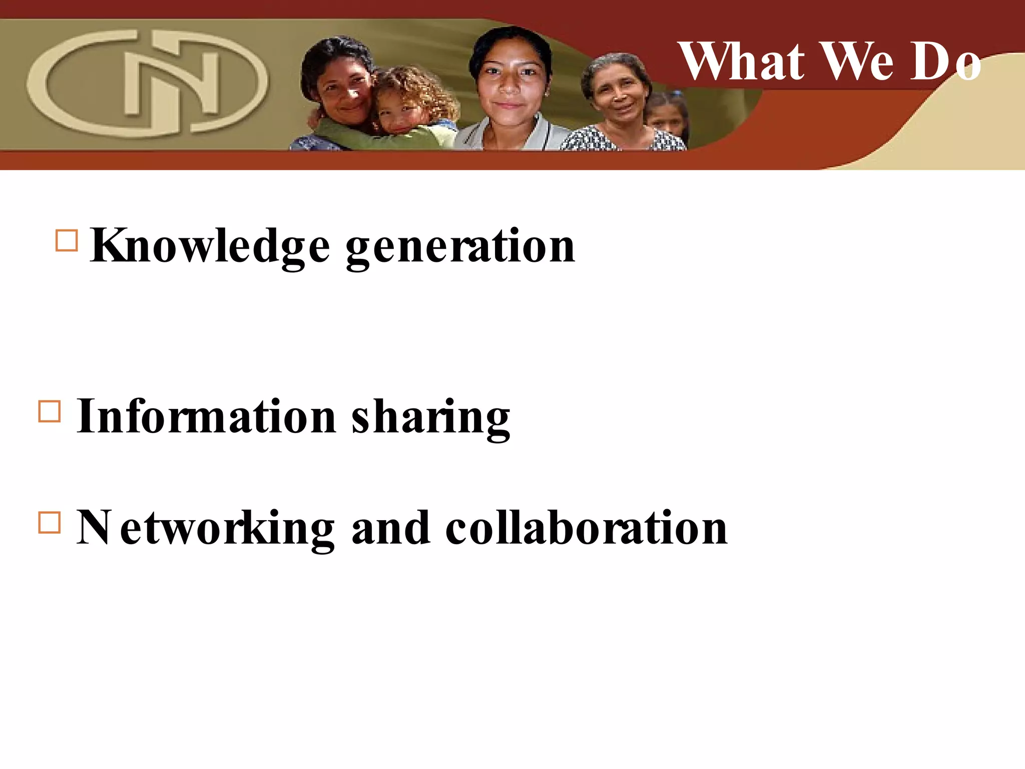 Knowledge generation What We Do Networking and collaboration Information sharing 