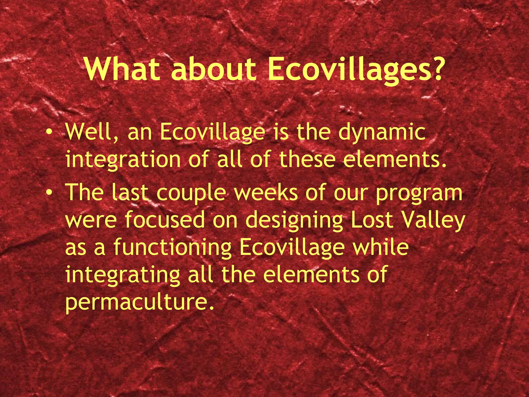 What about Ecovillages? Well, an Ecovillage is the dynamic integration of all of these elements. The last couple weeks of our program were focused on designing Lost Valley as a functioning Ecovillage while integrating all the elements of permaculture. 
