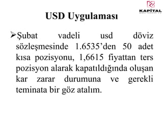 USD Uygulaması Şubat vadeli usd döviz sözleşmesinde 1.6535’den 50 adet kısa pozisyonu, 1,6615 fiyattan ters pozisyon alarak kapatıldığında oluşan kar zarar durumuna ve gerekli teminata bir göz atalım. 