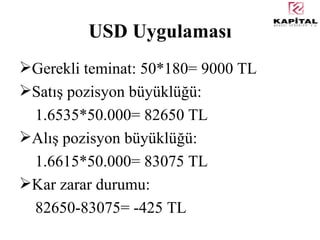 USD Uygulaması Gerekli teminat: 50*180= 9000 TL Satış pozisyon büyüklüğü:  1.6535*50.000= 82650 TL Alış pozisyon büyüklüğü: 1.6615*50.000= 83075 TL Kar zarar durumu: 82650-83075= -425 TL 