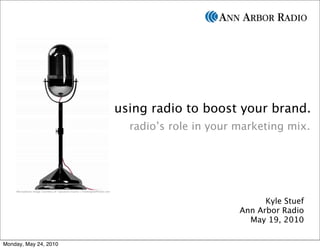 using radio to boost your brand.
                                                                              radio’s role in your marketing mix.




    Microphone Image Courtesy of: Salvatore Vuono / FreeDigitalPhotos.net



                                                                                                         Kyle Stuef
                                                                                                   Ann Arbor Radio
                                                                                                     May 19, 2010

Monday, May 24, 2010
 