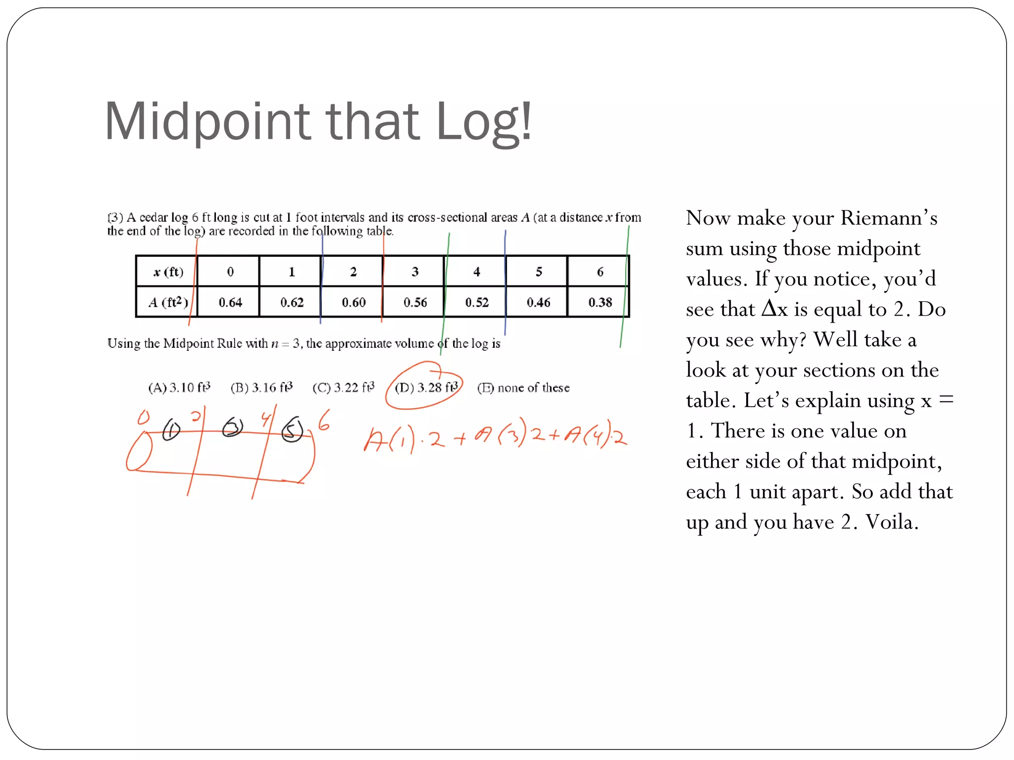 Midpoint that Log! Now make your Riemann’s sum using those midpoint values. If you notice, you’d see that ∆x is equal to 2. Do you see why? Well take a look at your sections on the table. Let’s explain using x = 1. There is one value on either side of that midpoint, each 1 unit apart. So add that up and you have 2. Voila.  