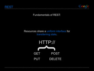 REST Fundamentals of REST: Resources share a  uniform interface  for  transferring state . HTTP:// } GET POST PUT DELETE 