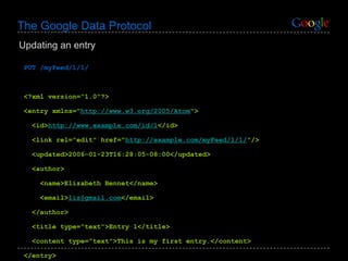 The Google Data Protocol PUT /myFeed/1/1/ <?xml version="1.0"?> <entry xmlns=" http://www.w3.org/2005/Atom "> <id> http://www.example.com/id/1 </id> <link rel="edit" href=" http://example.com/myFeed/1/1/ "/> <updated>2006-01-23T16:28:05-08:00</updated> <author> <name>Elizabeth Bennet</name>  <email> [email_address] </email>  </author> <title type="text">Entry 1</title> <content type="text">This is my first entry.</content> </entry> Updating an entry 