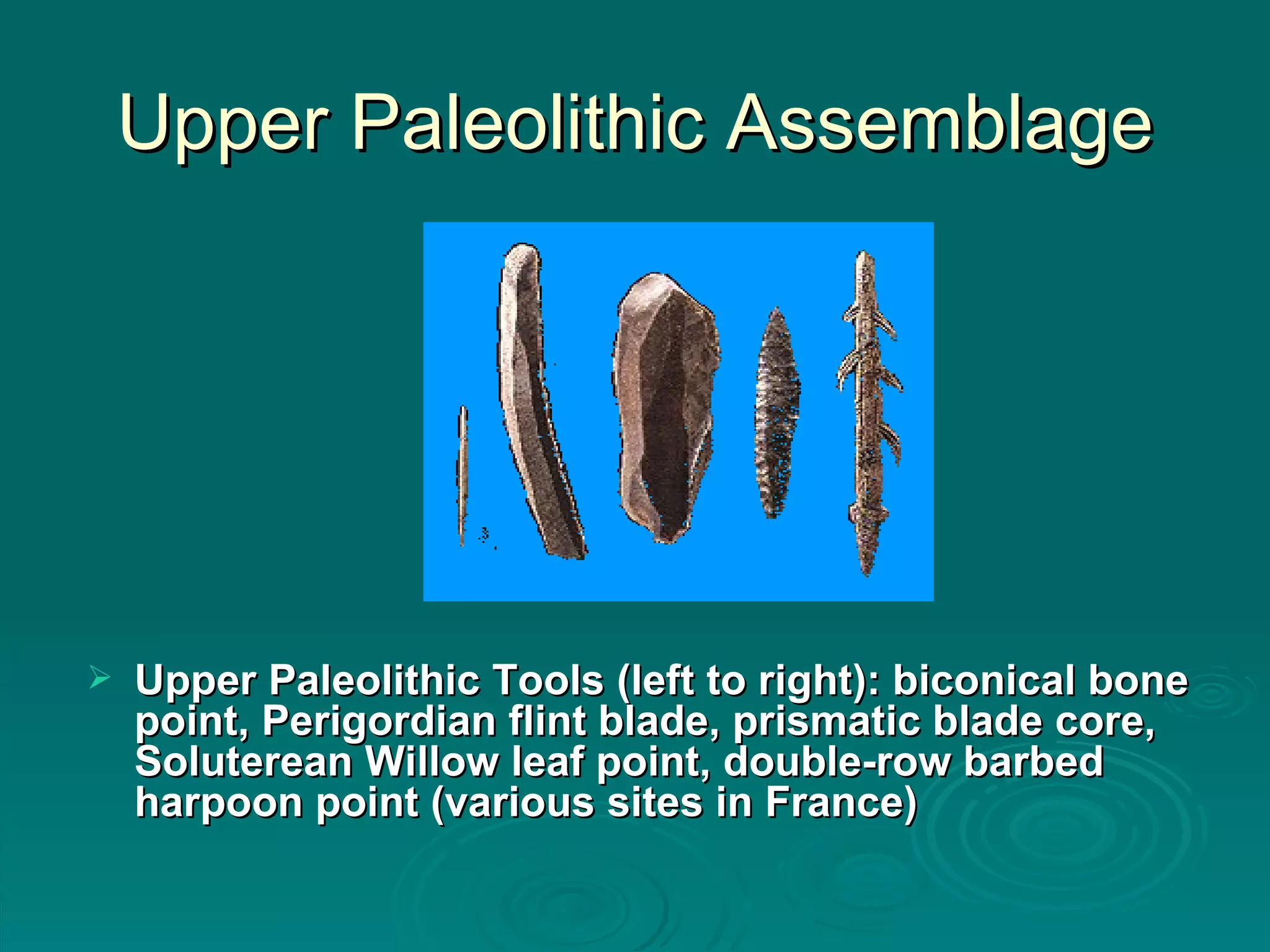Upper Paleolithic Assemblage Upper Paleolithic Tools (left to right): biconical bone point, Perigordian flint blade, prismatic blade core, Soluterean Willow leaf point, double-row barbed harpoon point (various sites in France) 