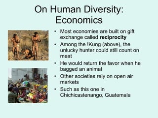 On Human Diversity: Economics Most economies are built on gift exchange called  reciprocity Among the !Kung (above), the unlucky hunter could still count on meat  He would return the favor when he bagged an animal Other societies rely on open air markets Such as this one in Chichicastenango, Guatemala 