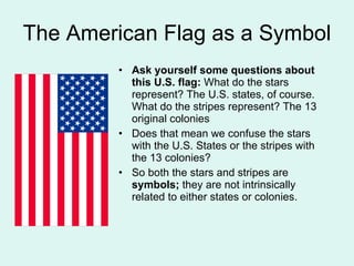 The American Flag as a Symbol Ask yourself some questions about this U.S. flag:  What do the stars represent? The U.S. states, of course. What do the stripes represent? The 13 original colonies Does that mean we confuse the stars with the U.S. States or the stripes with the 13 colonies? So both the stars and stripes are  symbols;  they are not intrinsically related to either states or colonies.  