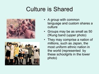 Culture is Shared A group with common language and custom shares a culture Groups may be as small as 50 (!Kung band (upper photo) They may comprise a nation of millions, such as Japan, the most uniform ethnic nation in the world (represented  by these schoolgirls in the lower photo) 